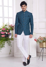 Load image into Gallery viewer, Teal Jacquard Silk Jodhpuri Suit
