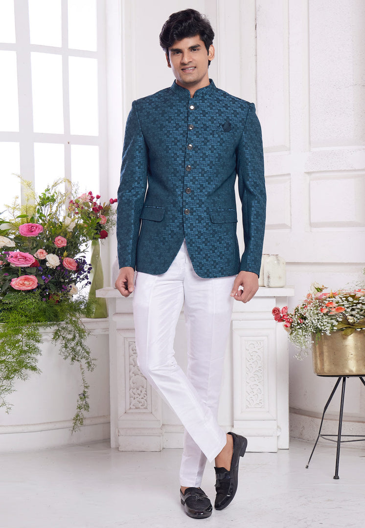 Teal Jacquard Silk Jodhpuri Suit