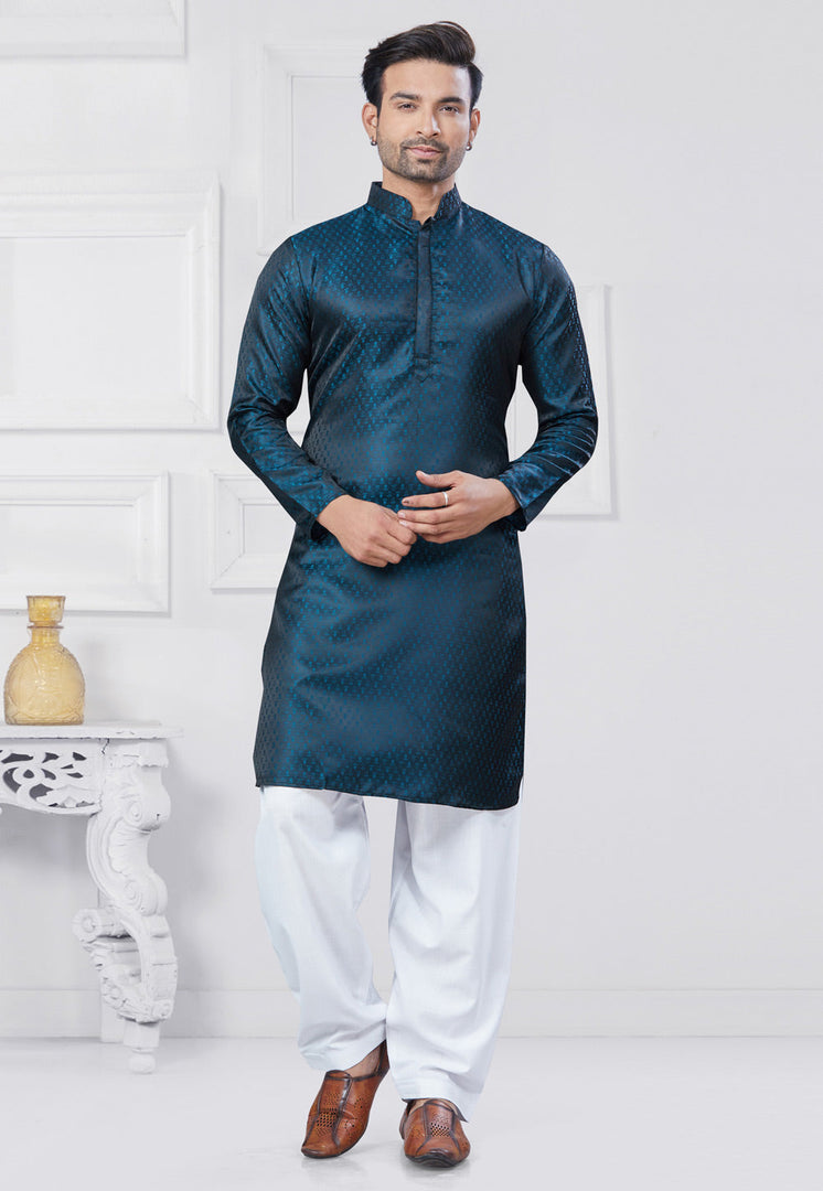 Teal Jacquard Silk Pathani Suit