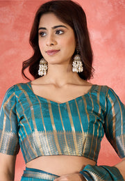 Teal Khadi Saree With Blouse