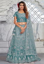 Load image into Gallery viewer, Teal Net A Line Lehenga Choli
