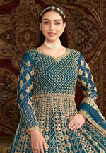 Load image into Gallery viewer, Teal Net Embroidered Anarkali Suit
