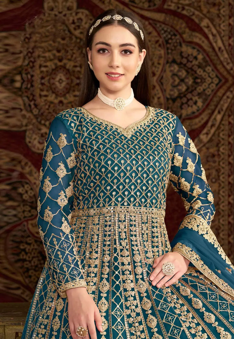 Teal Net Embroidered Anarkali Suit