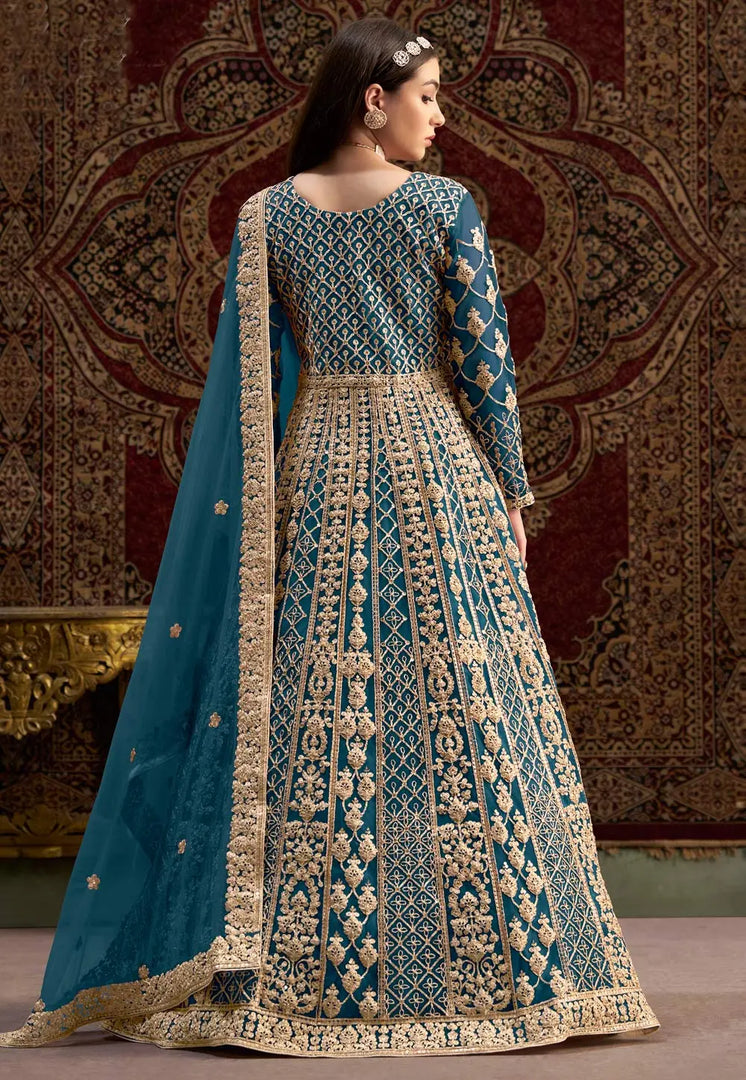 Teal Net Embroidered Anarkali Suit