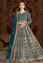 Load image into Gallery viewer, Teal Net Embroidered Anarkali Suit
