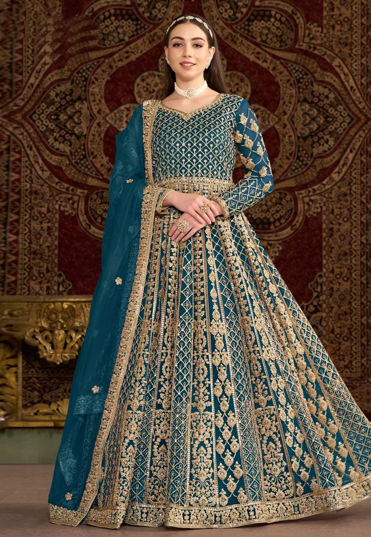 Teal Net Embroidered Anarkali Suit