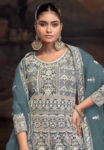 Load image into Gallery viewer, Teal Net Embroidered Long Anarkali Suit
