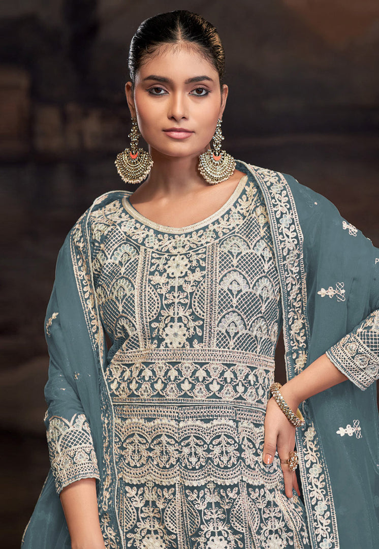 Teal Net Embroidered Long Anarkali Suit