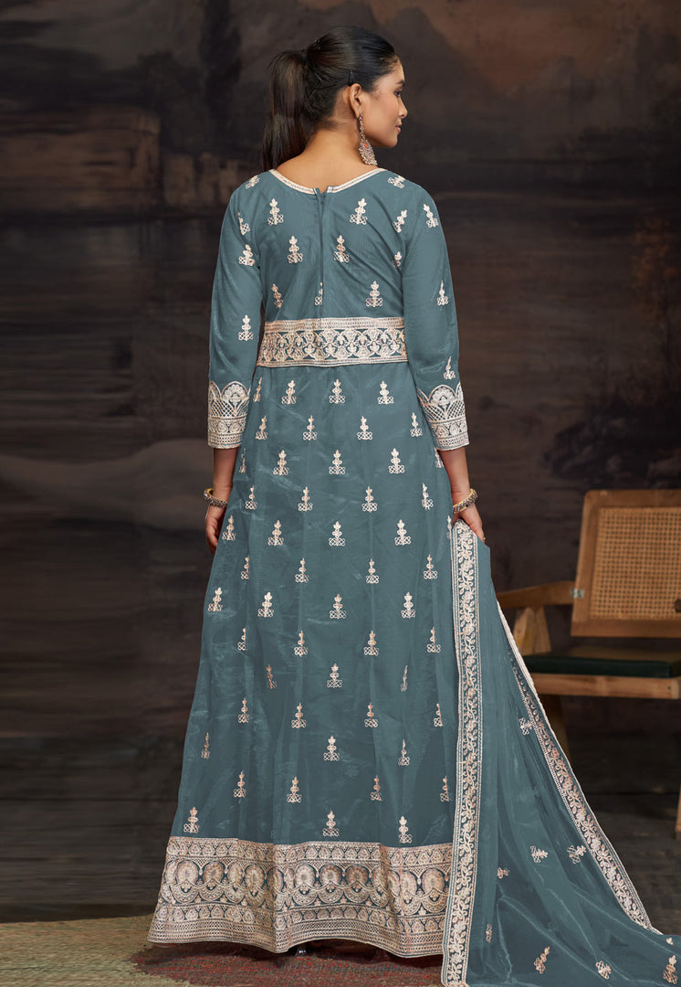 Teal Net Embroidered Long Anarkali Suit