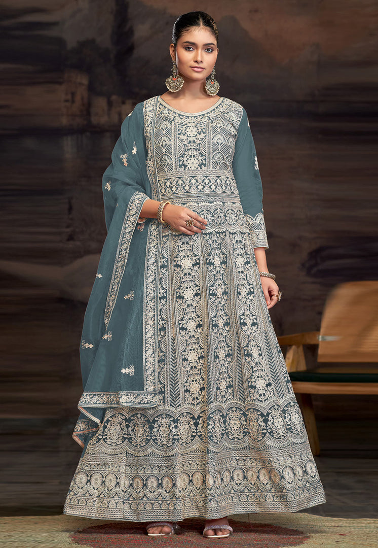 Teal Net Embroidered Long Anarkali Suit