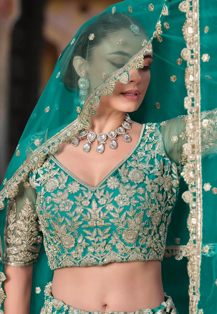 Teal Net Lehenga Choli For Wedding