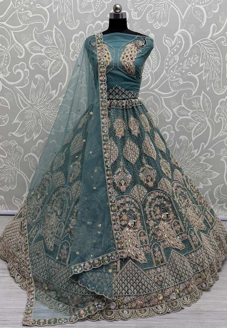 Teal Net Net Wedding Lehenga Choli