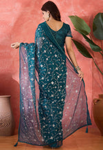 Load image into Gallery viewer, Teal Net Saree With Blouse
