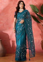 Load image into Gallery viewer, Teal Net Saree With Blouse
