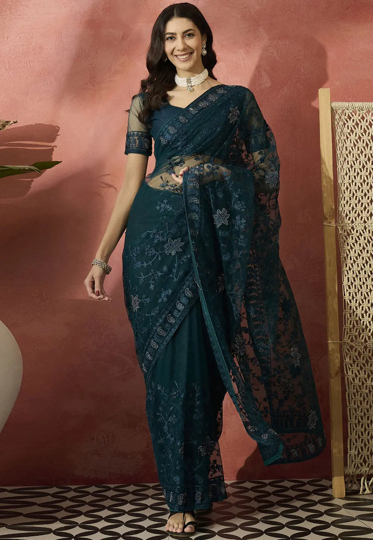 Teal Net Saree With Blouse