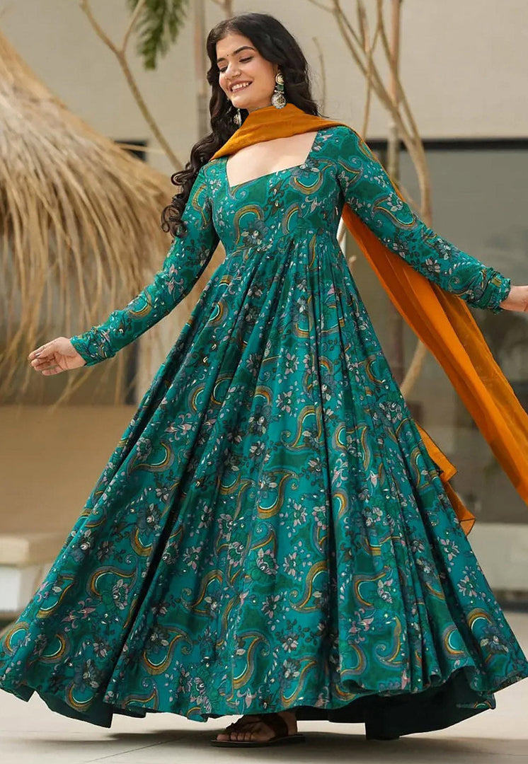 Teal Rayon Readymade Anarkali Suit