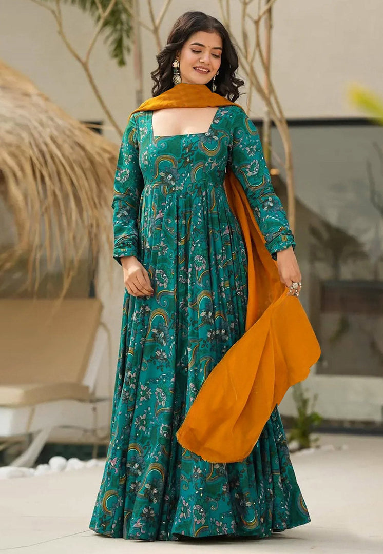 Teal Rayon Readymade Anarkali Suit