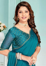 Load image into Gallery viewer, Teal Satin Chiffon Saree With Blouse
