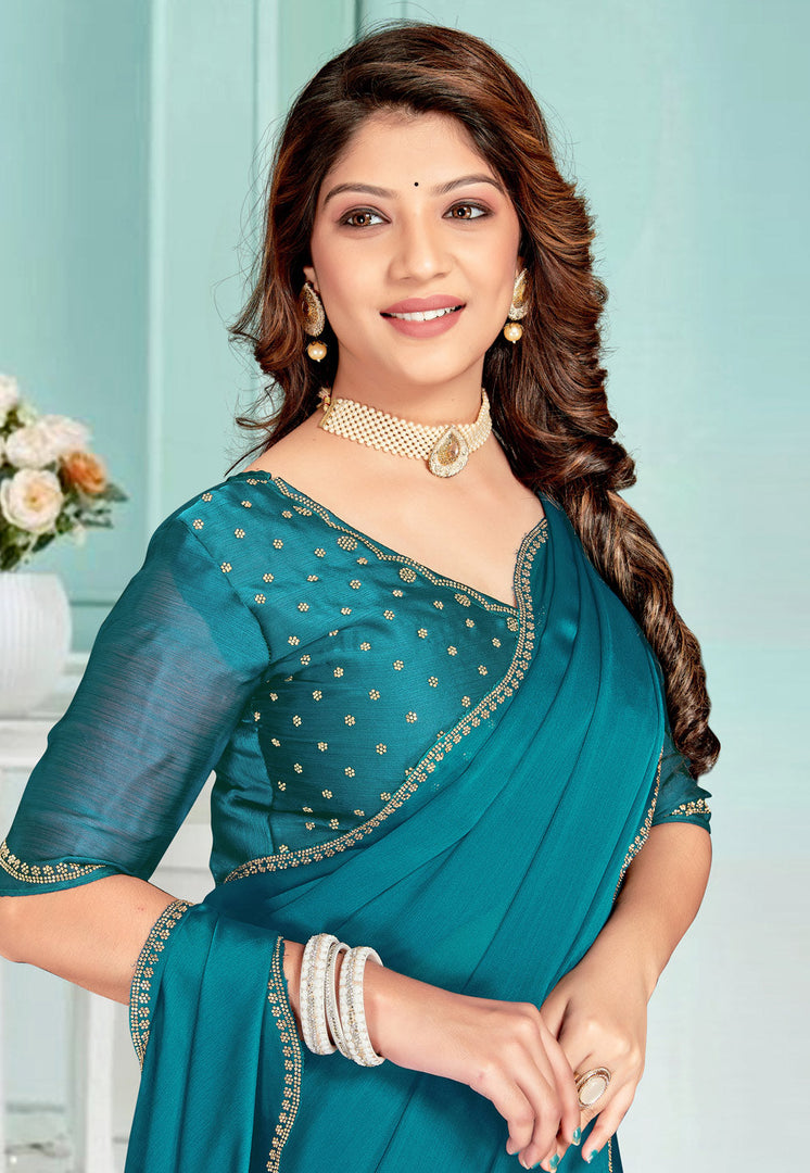 Teal Satin Chiffon Saree With Blouse