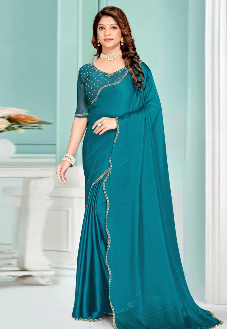 Teal Satin Chiffon Saree With Blouse