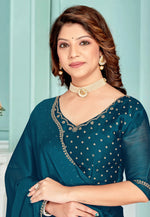 Load image into Gallery viewer, Teal Satin Chiffon Saree With Blouse
