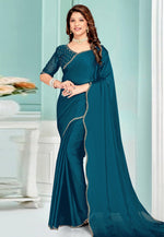 Load image into Gallery viewer, Teal Satin Chiffon Saree With Blouse
