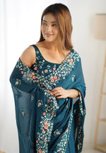 Load image into Gallery viewer, Teal Satin Chiffon Saree With Blouse

