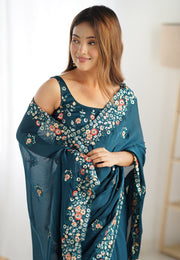 Teal Satin Chiffon Saree With Blouse