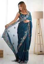 Load image into Gallery viewer, Teal Satin Chiffon Saree With Blouse
