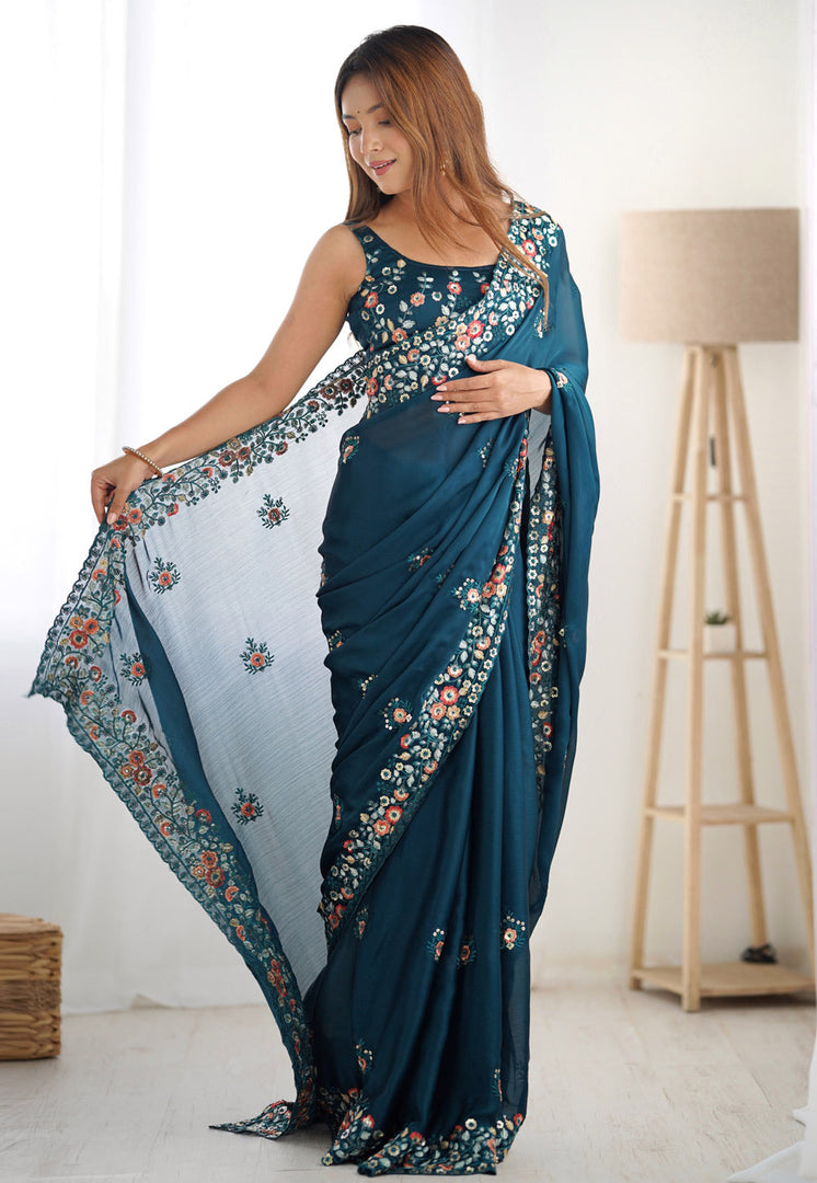 Teal Satin Chiffon Saree With Blouse