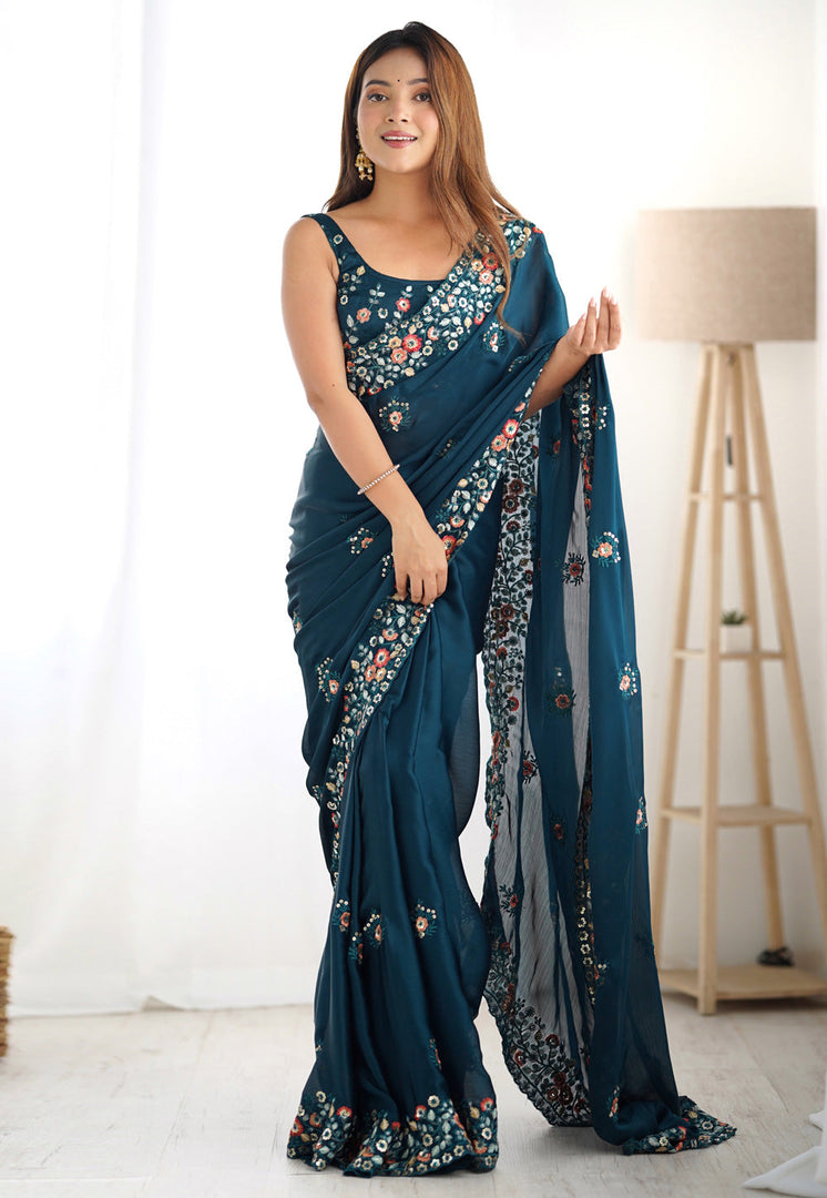 Teal Satin Chiffon Saree With Blouse