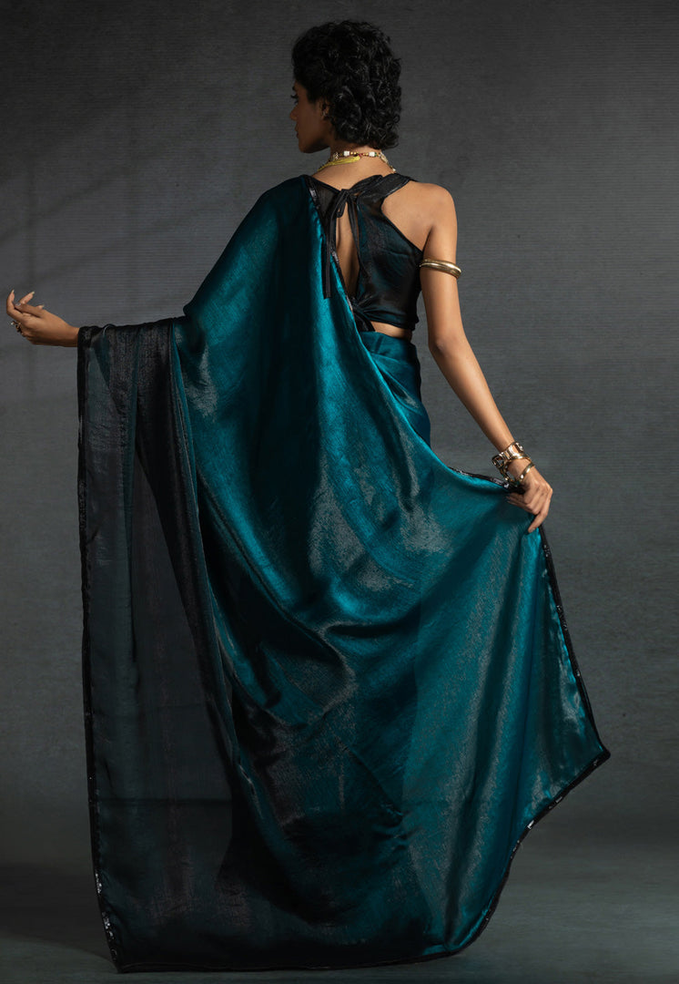 Teal Satin Silk Saree With Blouse
