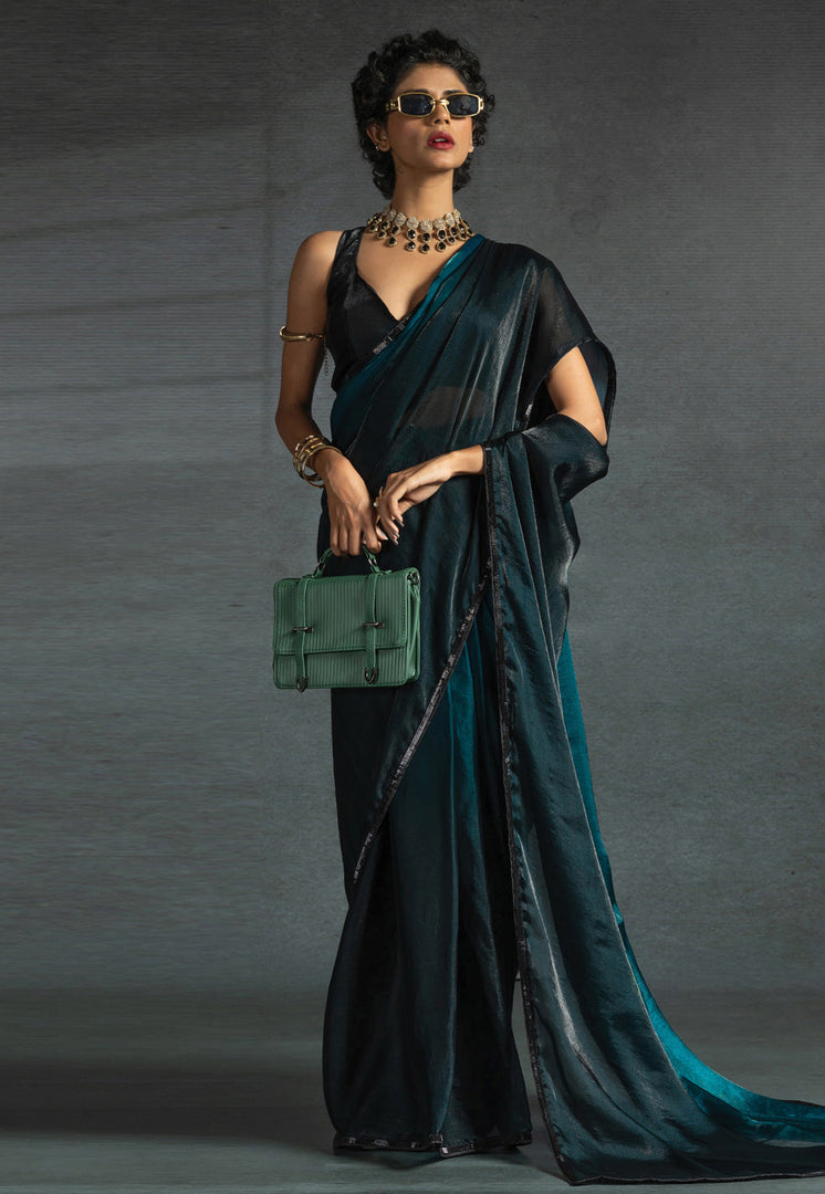 Teal Satin Silk Saree With Blouse