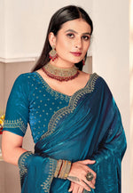 Load image into Gallery viewer, Teal Satin Silk Saree With Blouse
