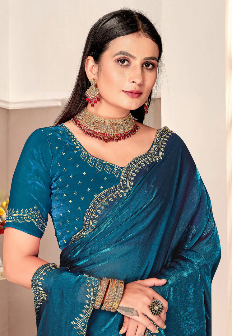 Teal Satin Silk Saree With Blouse