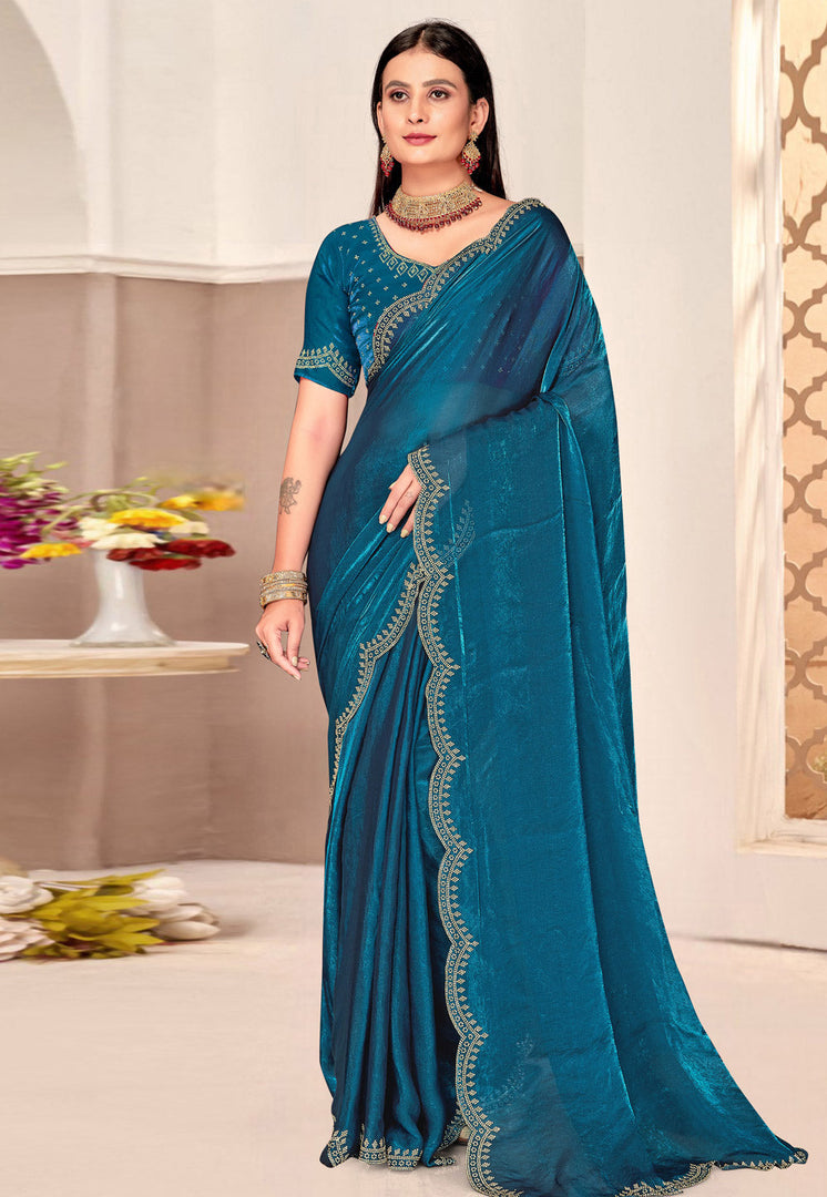 Teal Satin Silk Saree With Blouse