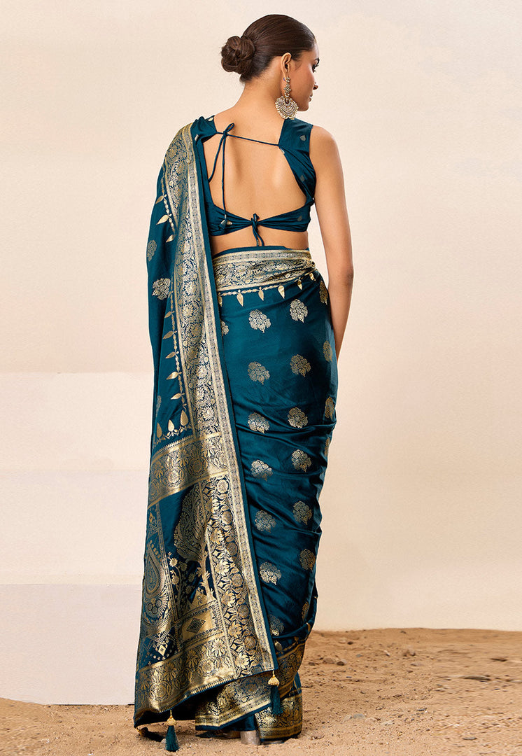 Teal Satin Silk Saree With Blouse