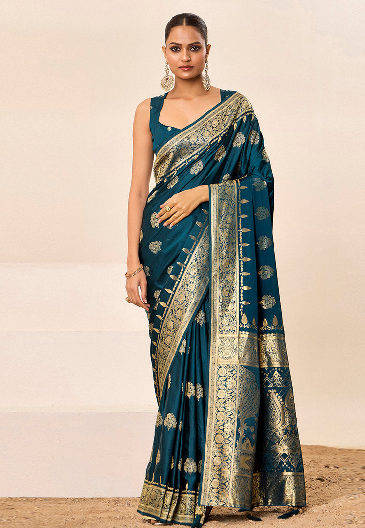 Teal Satin Silk Saree With Blouse