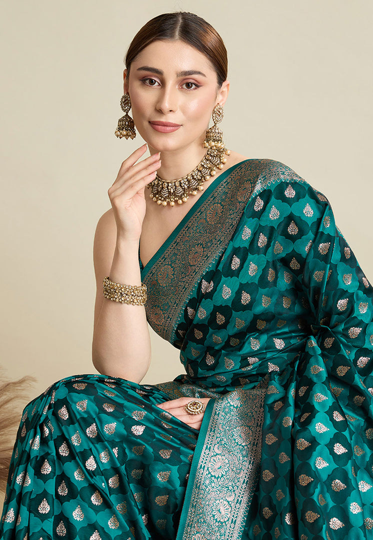 Teal Satin Silk Saree With Blouse