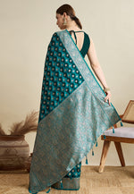 Load image into Gallery viewer, Teal Satin Silk Saree With Blouse
