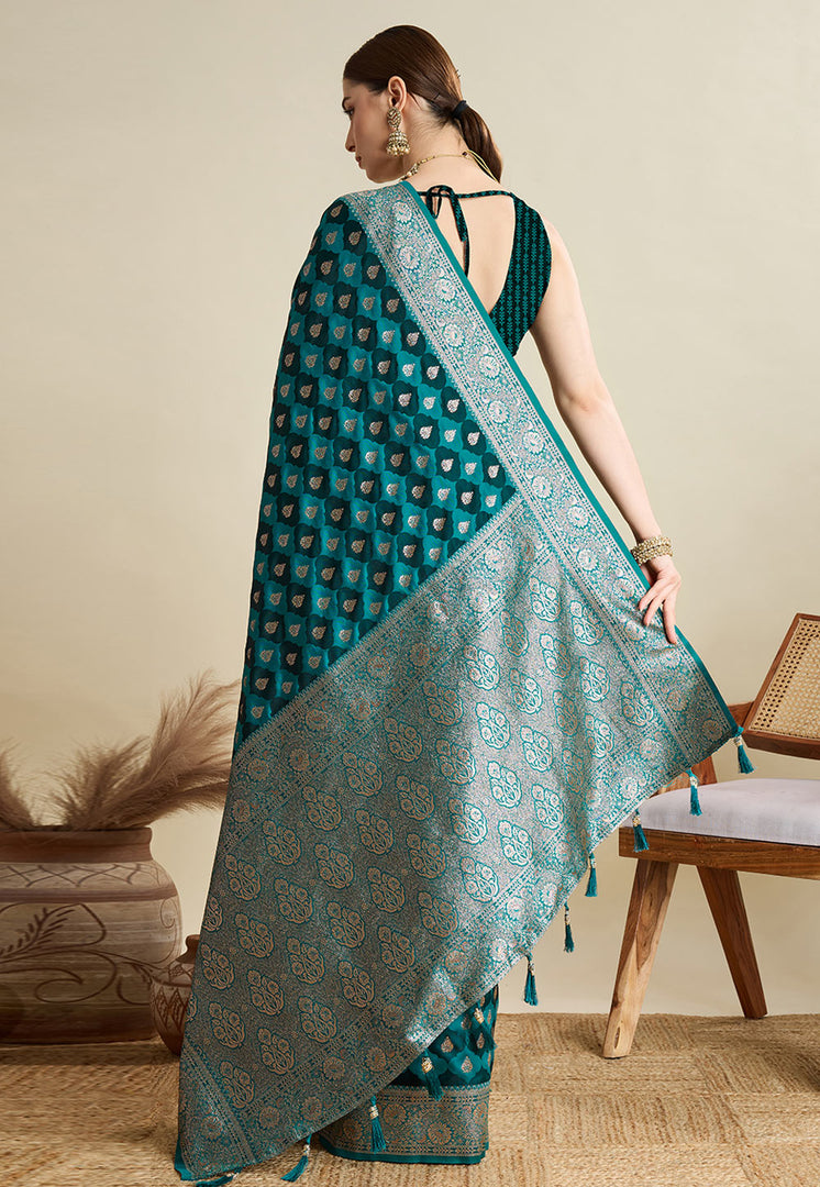 Teal Satin Silk Saree With Blouse