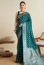 Load image into Gallery viewer, Teal Satin Silk Saree With Blouse
