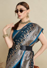 Teal Satin Silk Saree With Blouse