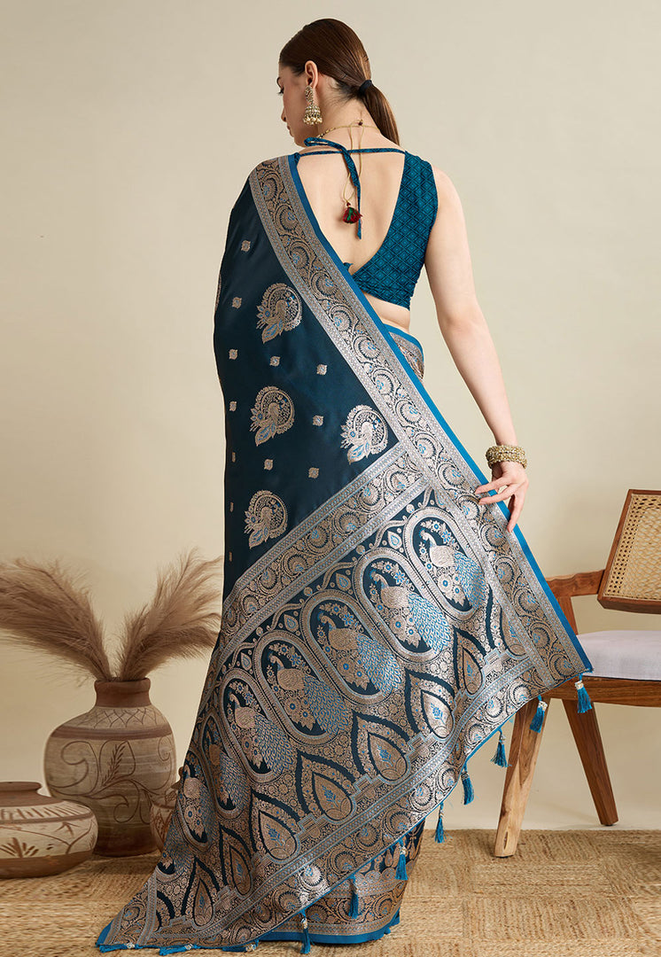 Teal Satin Silk Saree With Blouse