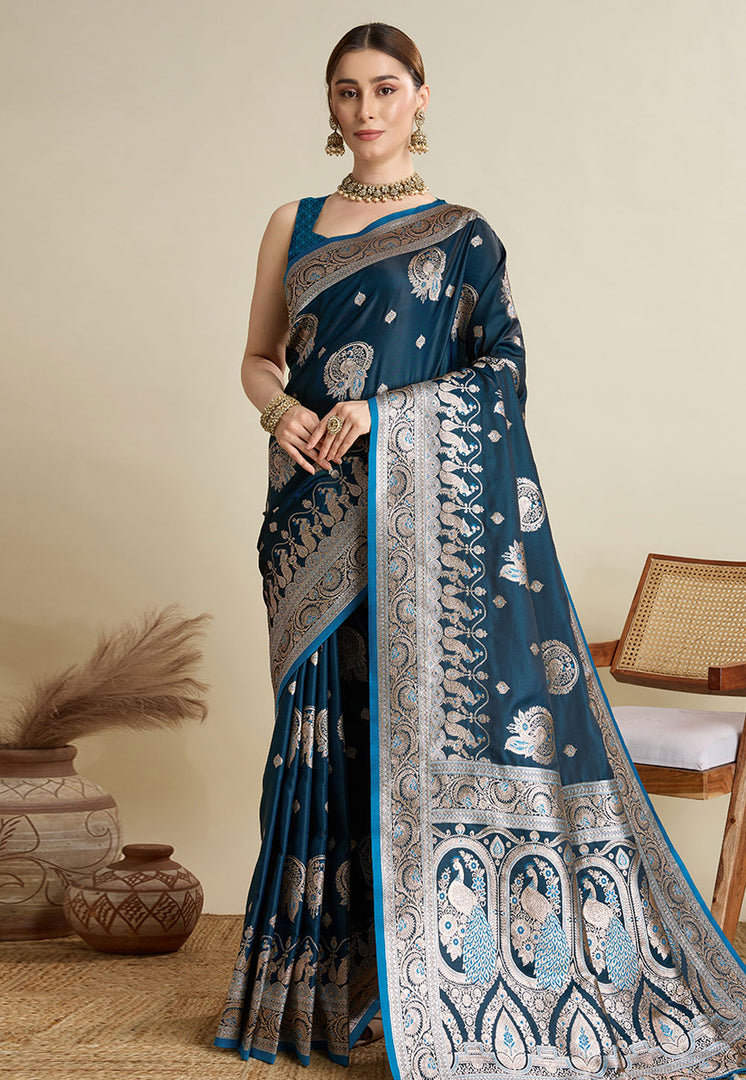 Teal Satin Silk Saree With Blouse