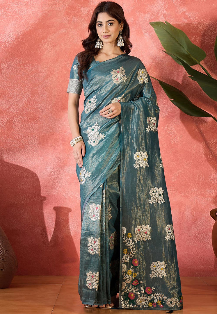 Teal Shimmer Saree With Blouse