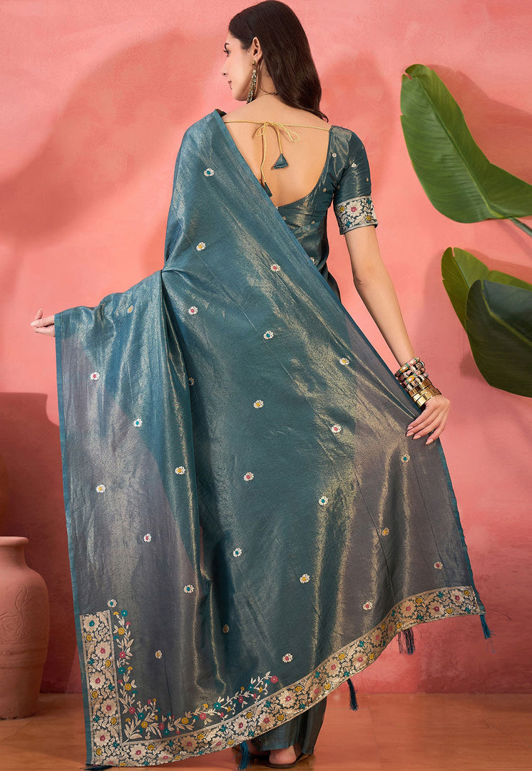 Teal Shimmer Saree With Blouse