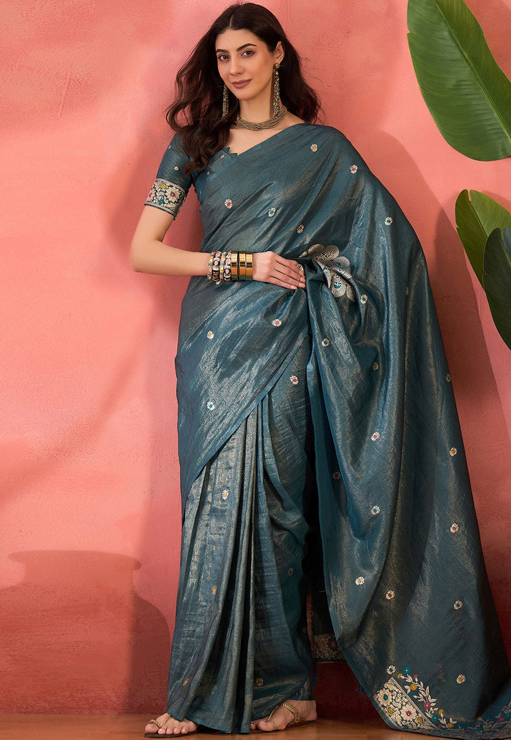 Teal Shimmer Saree With Blouse