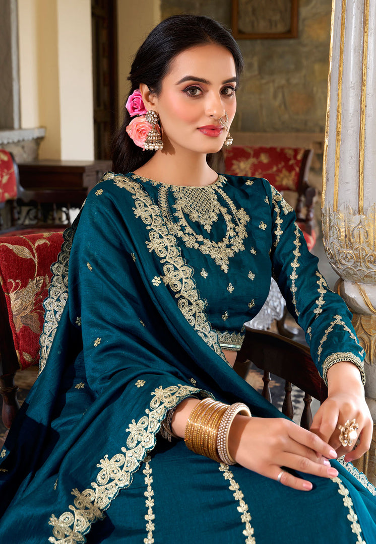 Teal Silk A Line Lehenga Choli