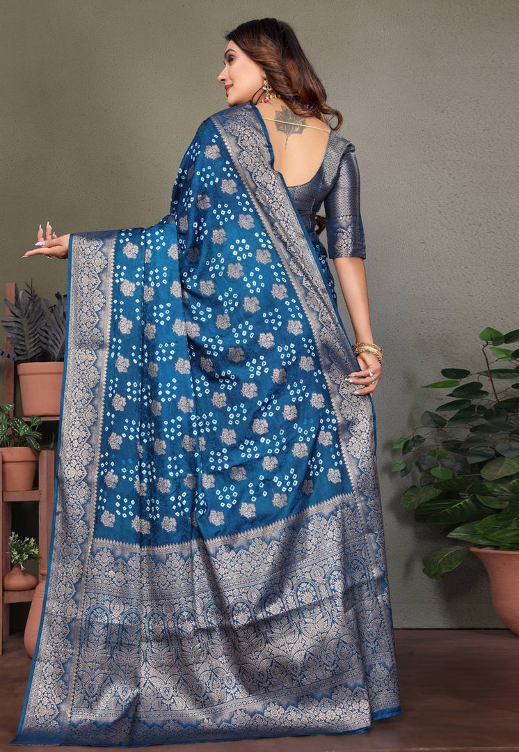 Teal Silk Bandhani Print Saree